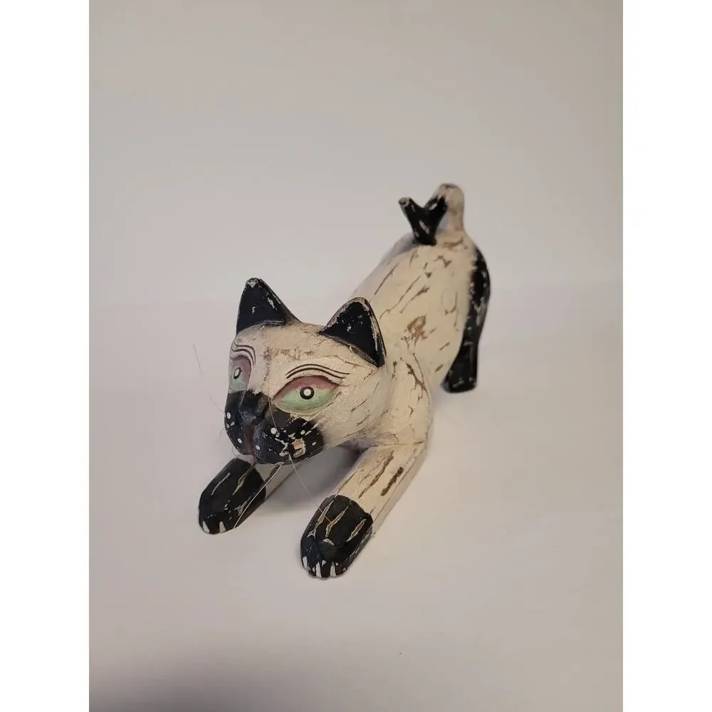 Siamese Cat Wooden Figurine Statue Green Eyes Stretching Animal Table Decoration
